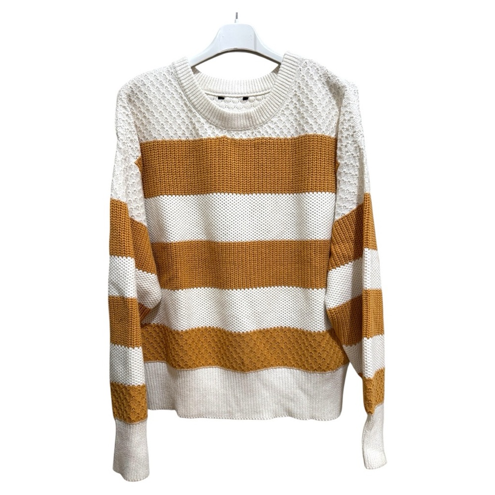 Striped White and Mustard Crew Neck Sweater Sz L